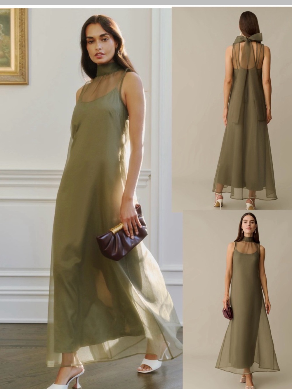 CAARA Alette Dress Olive Green Sleeveless Maxi Dress with Sheer Neckline Sz M